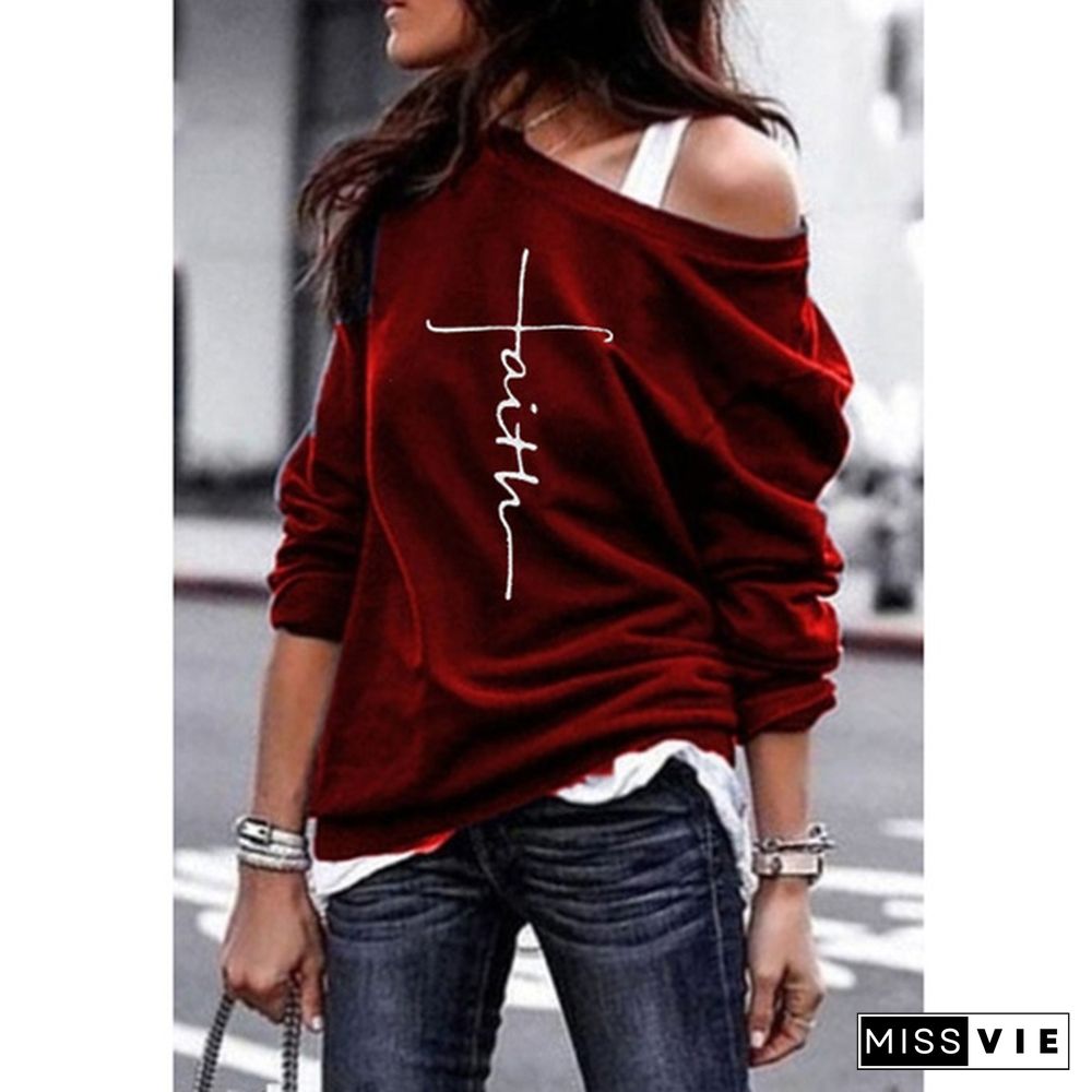 S-5XL Women Long Sleeve Faith Print Shirts Loose Casual Tops Off Shoulder Sweatshirts Women Pullovers