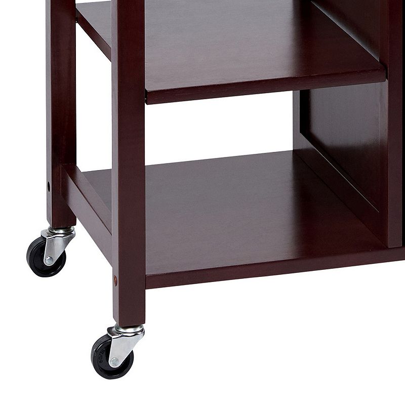 35 Inch Handcrafted Rubberwood Kitchen Island Bar Cart， 3 Shelves， 1 Cabinet， Caster Wheels， Espresso Brown