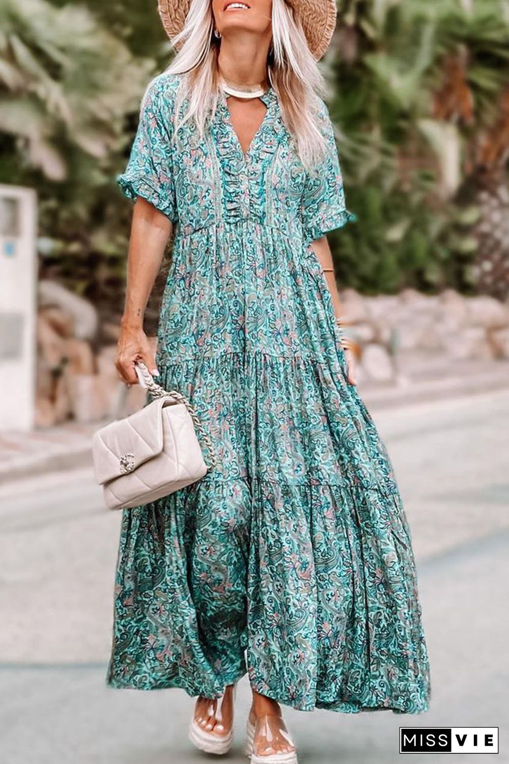 Sky Blue Paisley Print Boho Holiday Ruffle Tiered Maxi Dress