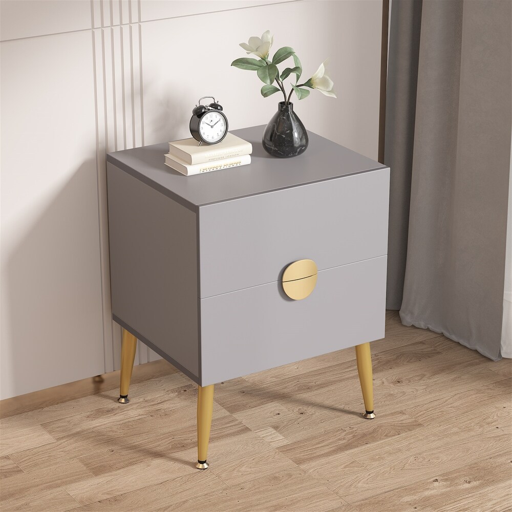 Dark Grey Wood Modern Nightstand with 2 Drawers  White/ Gold Mid century Contemporary Bedside Table with Storage