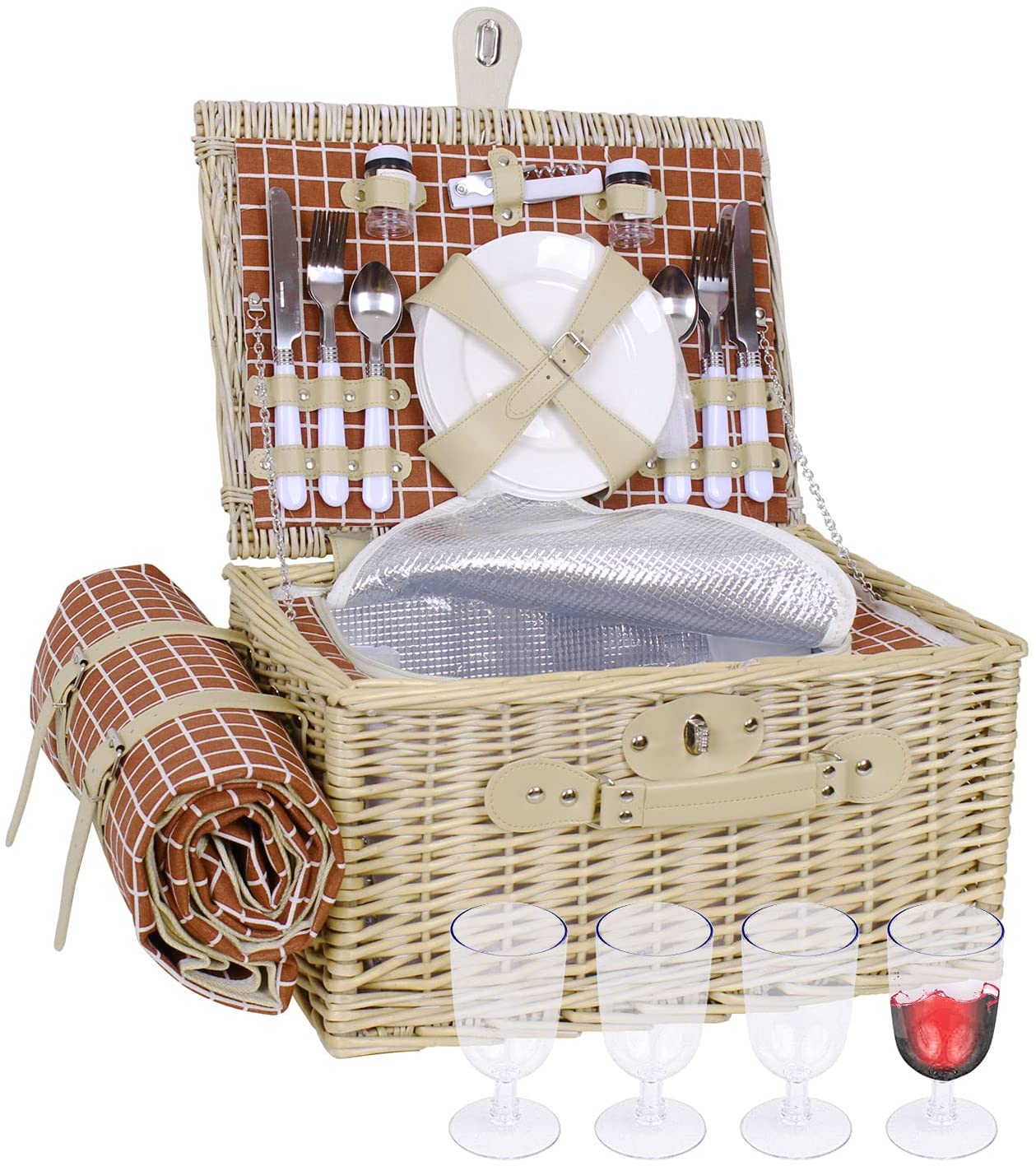 Willow Picnic Basket Set for 4 Person Wicker Hamper Sets with Picnic Blankets， Picnic Cutlery Service Kit， Insulated Cooler Compartment， Best Gifts for Couples， Family， Camping，Outdoor Party - Brown