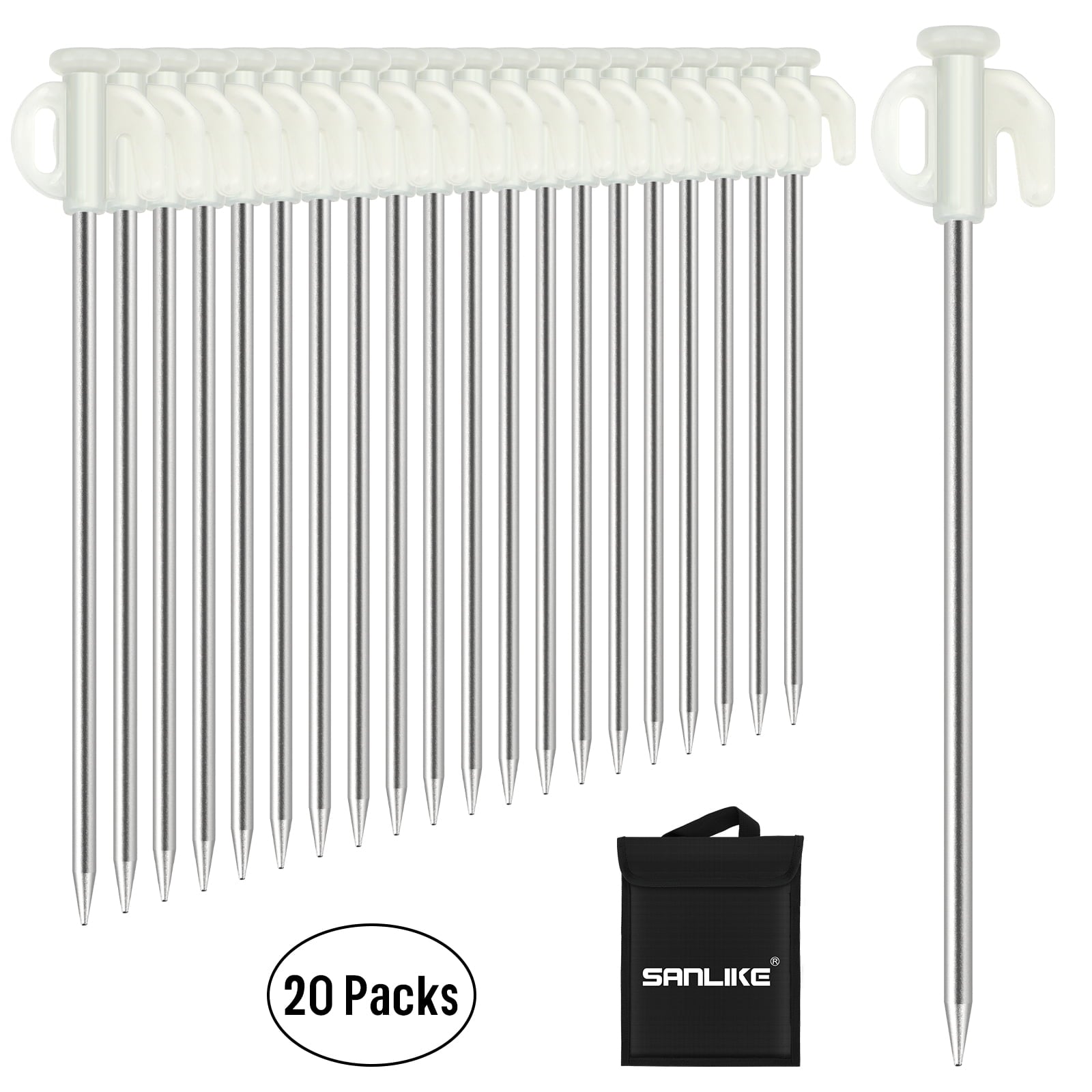 SAN LIKE 20pcs Tent Stakes Heavy Duty Tent Stakes Pegs Windproof Metal Stakes with Luminous Head for Pitching Camping Tents Outdoor All Kinds of Ground