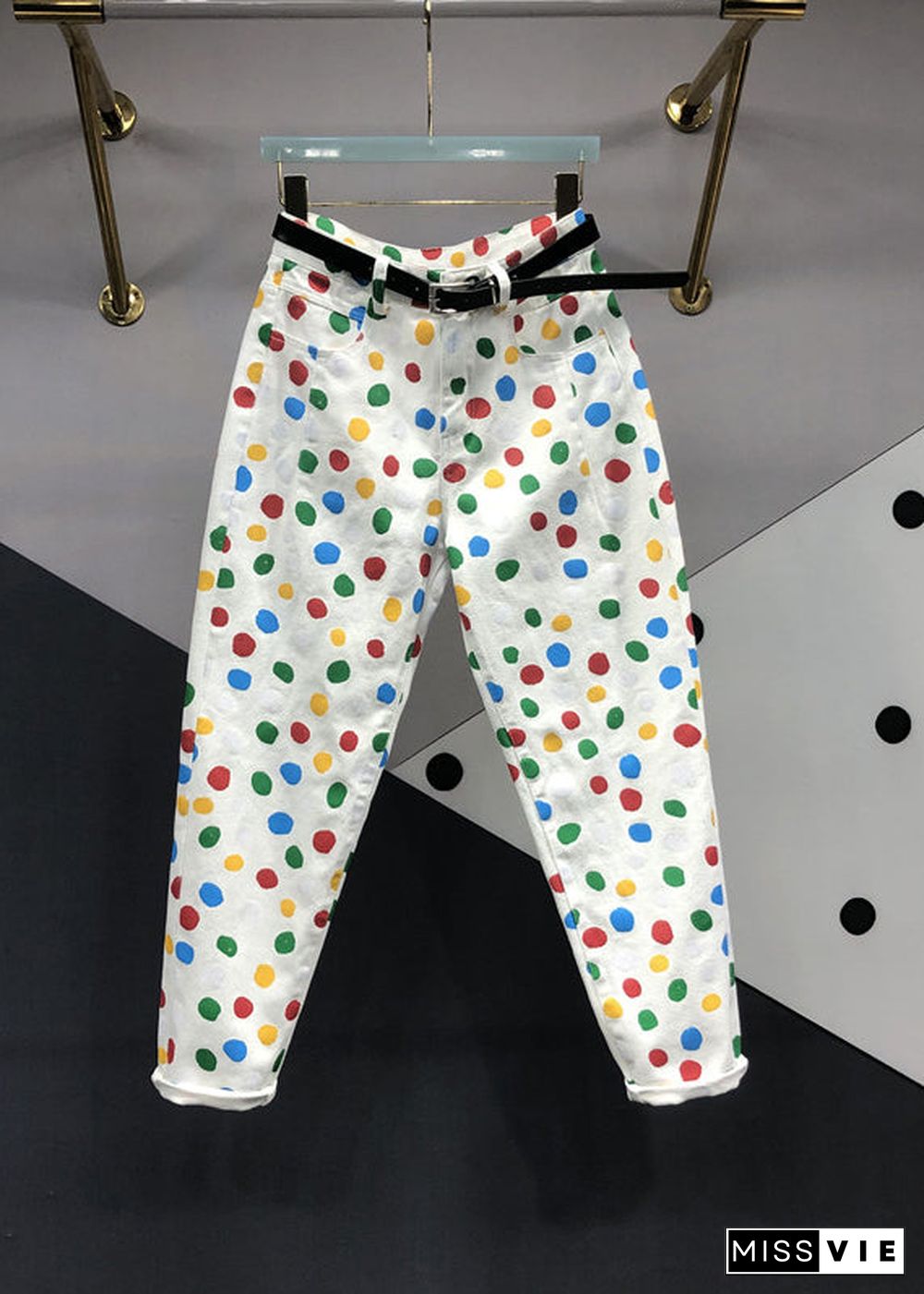 Fitted White Print Pockets Patchwork Denim Pants Fall