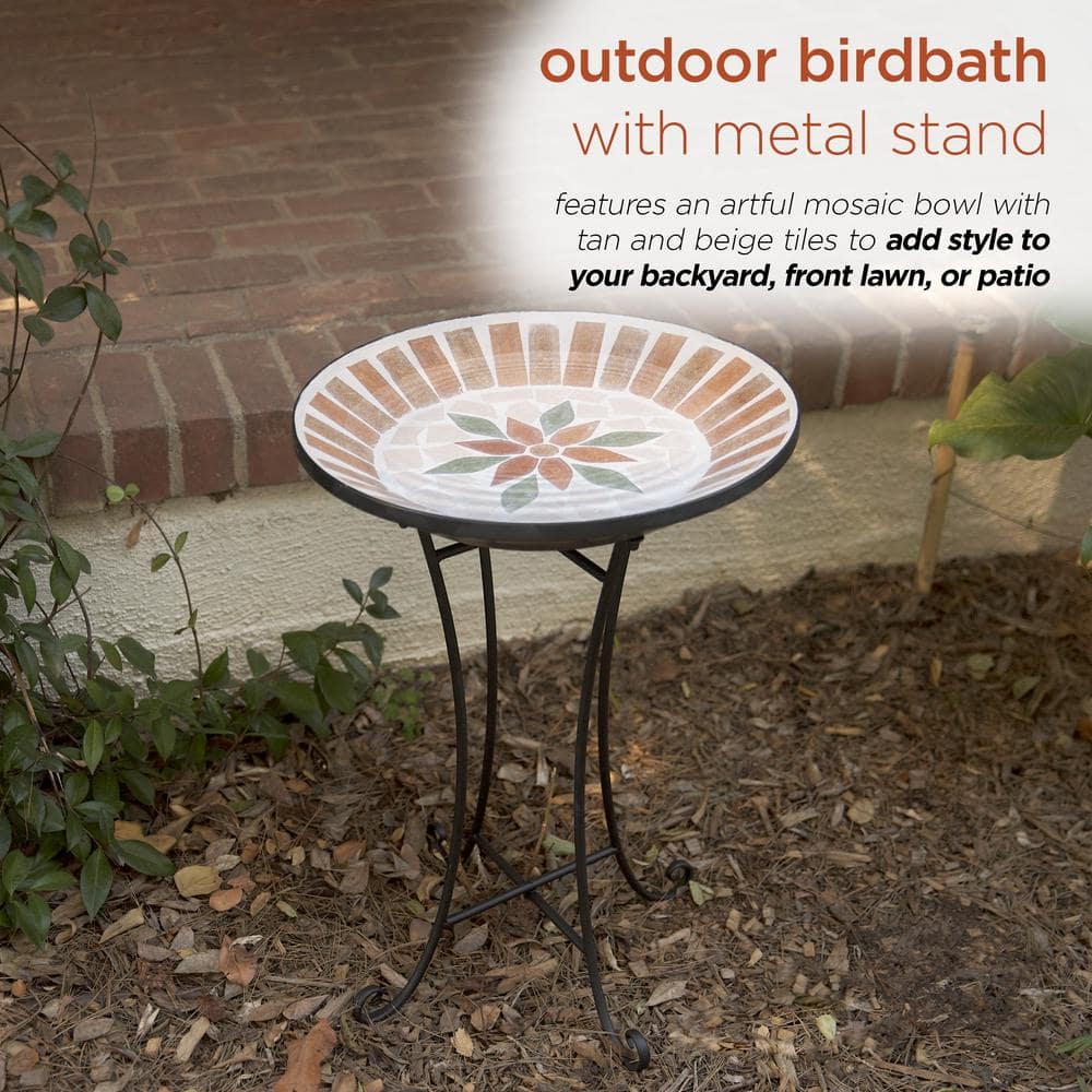 Alpine Corporation 25 in. H Outdoor Decorative Mosaic Birdbath with Metal Stand， Tan/Beige JFH920