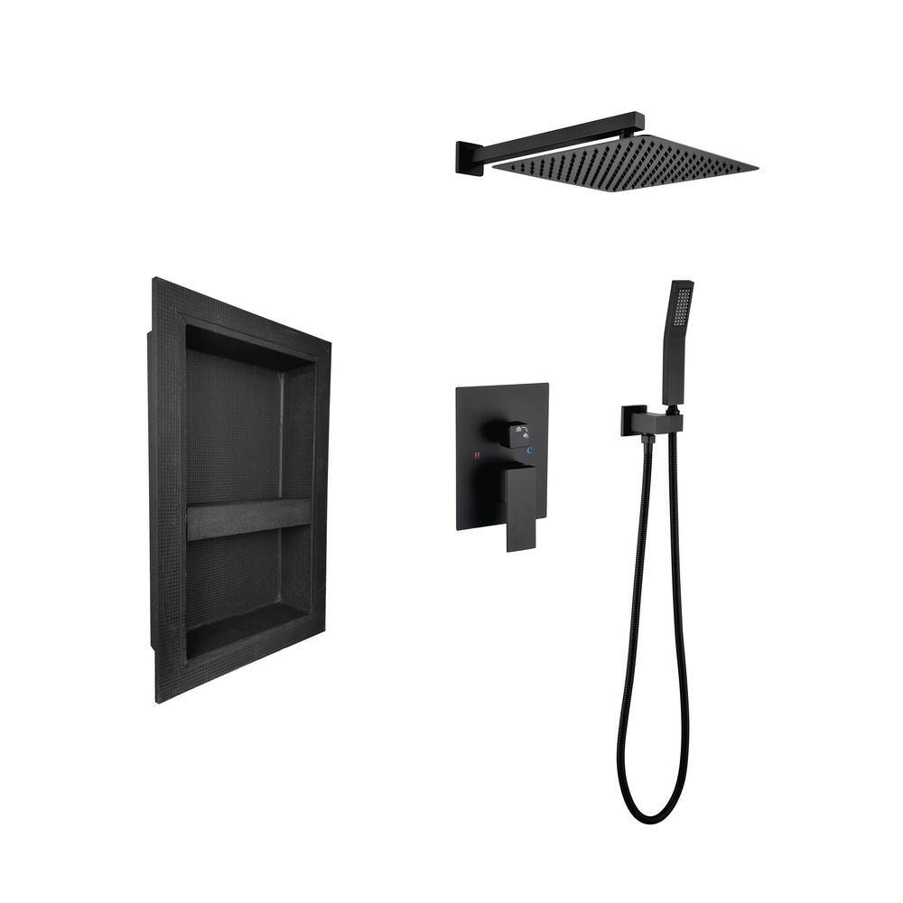 Lukvuzo High Pressure 12 in. Shower Head Brass Wall Bar Shower Kit with 12 in. x 20 in. Shower Niche in Matte Black HDSA11FS019