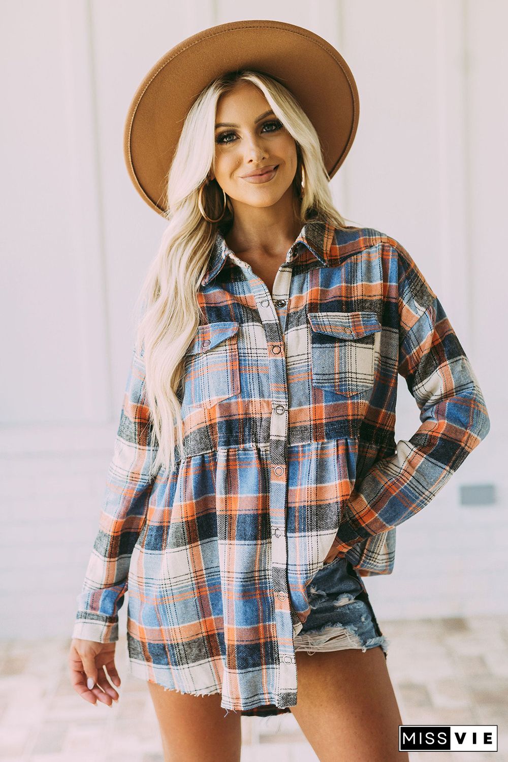 Multicolor Plaid Button Down Ruffled Shirt Jacket