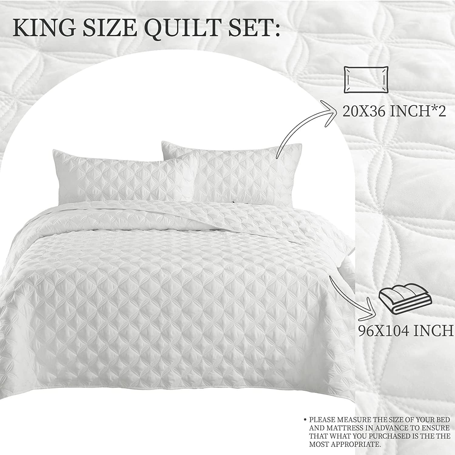 Exclusivo Mezcla Bed Quilt Set King Size for All Season， Stitched Pattern Quilted Bedspread/ Bedding Set/ Coverlet with 2 Pillow shams， Lightweight and Soft， White