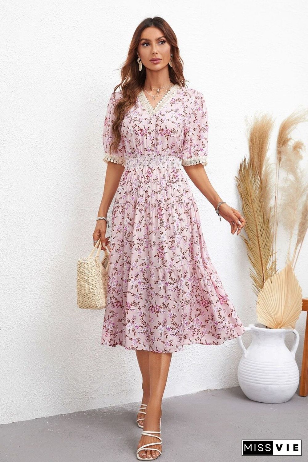 Elegant Floral Print Dress For Women Summer Dresses New Button High Waist Slim Midi Lace V-Neck Short Sleeve Dress