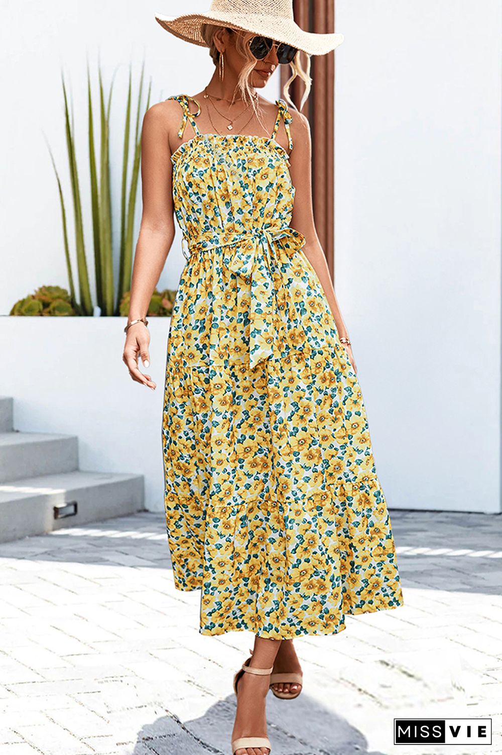 Smocked Neckline Tie Strap Tiered Floral Maxi Dress