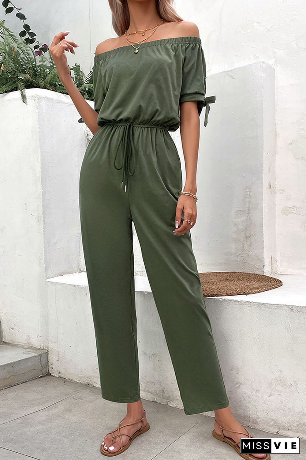 Plain Off Shoulder Drawstring Jumpsuit