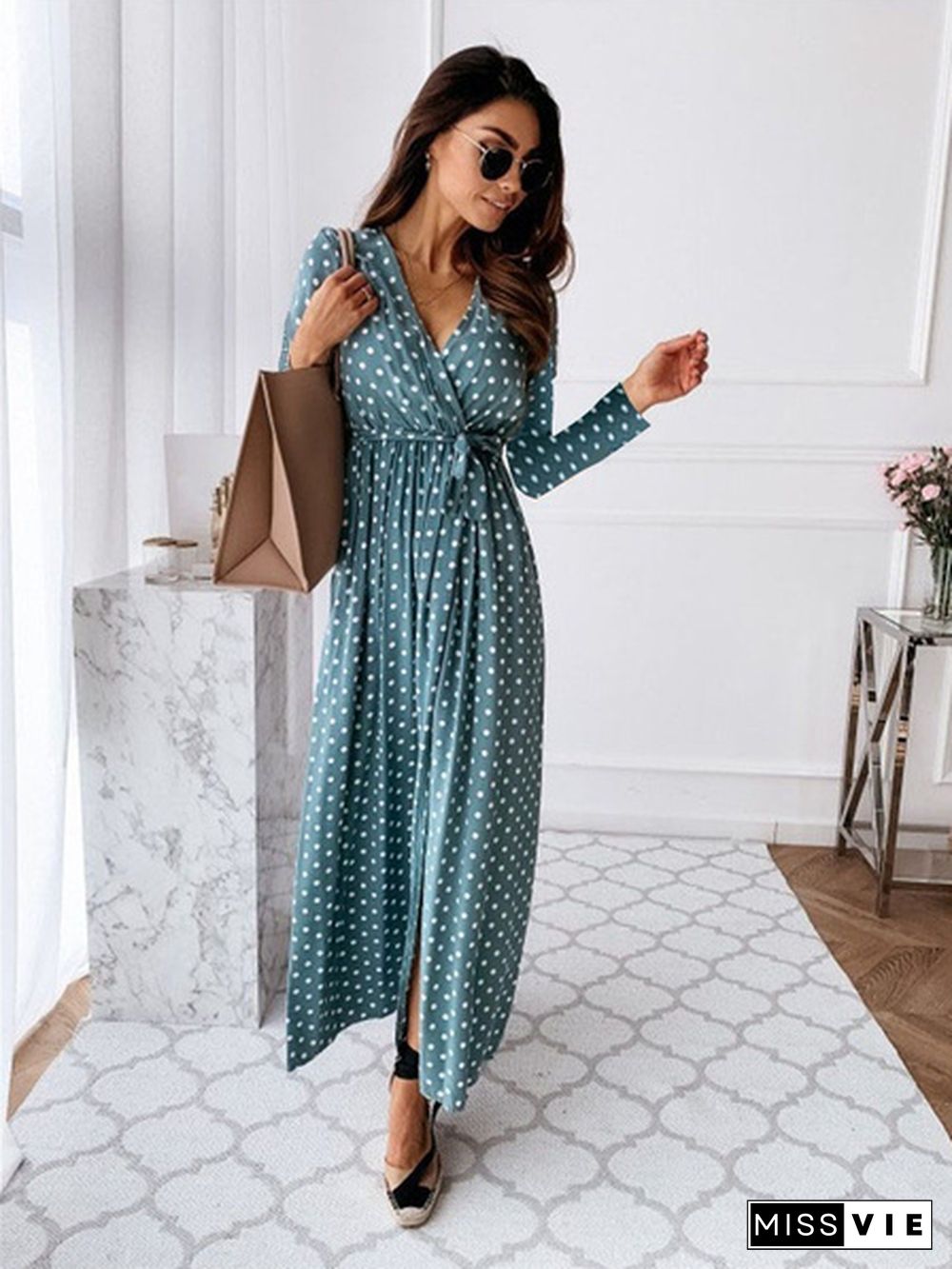 Women Fashion V Neck Long Sleeves Lace Up Split Polka Dot Print Long Dress Holiday Beach Boho Dress Maxi Dresses