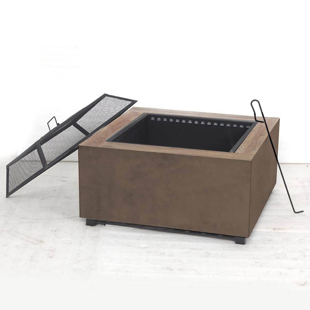 Hampton Bay Nickleby 33 in. Cube Steel Brown Low Smoke Wood Burning Fire Pit with Stainless Steel Bowl and Wood-look Tile Top 2391FP-3