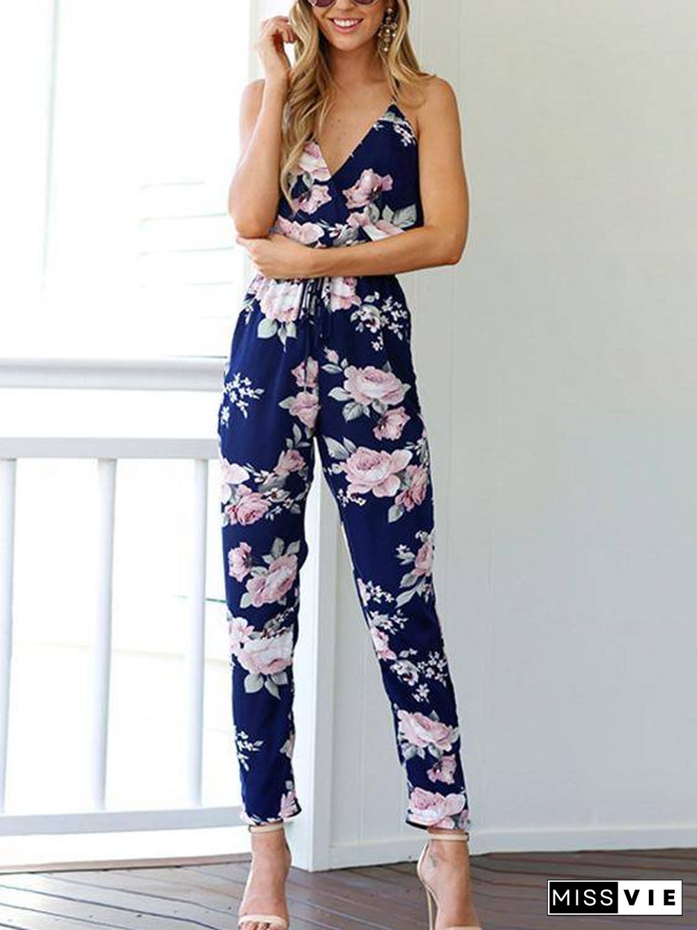 Cross Front V-Neck Random Floral Print Jumpsuit