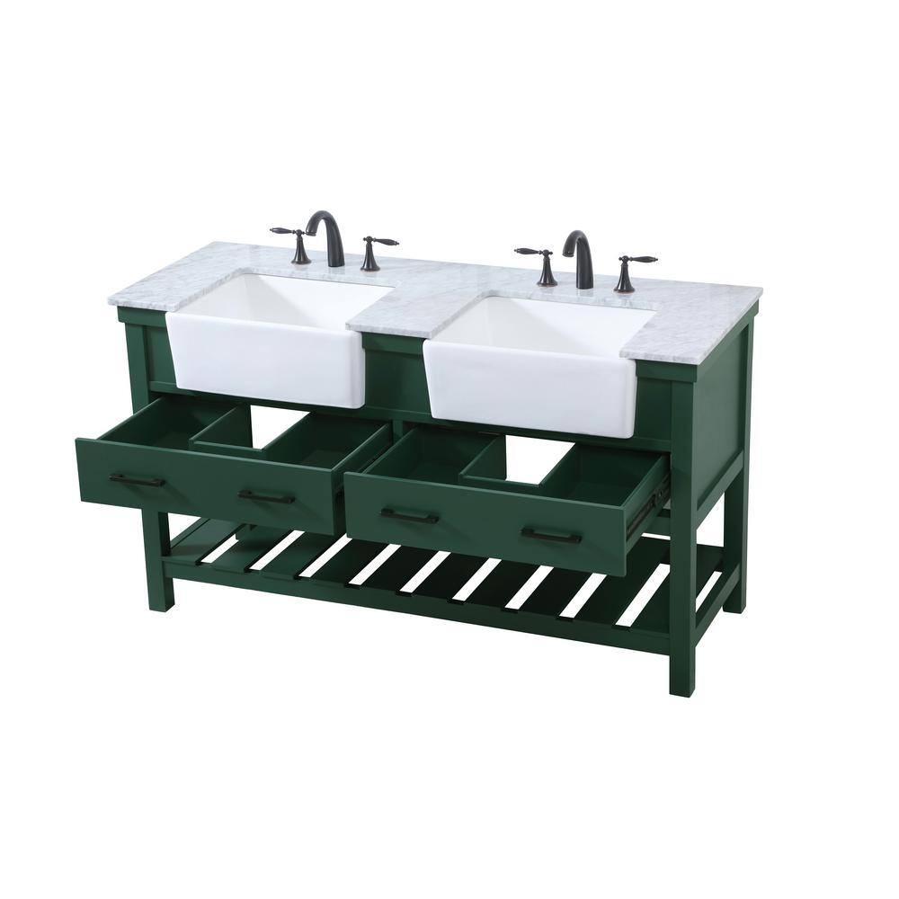 Timeless Home Double Sink 22 in. W x 60 in. D x 34.125 in. H Bath Vanity in Green with Carrara White Marble Top TH120320DGN