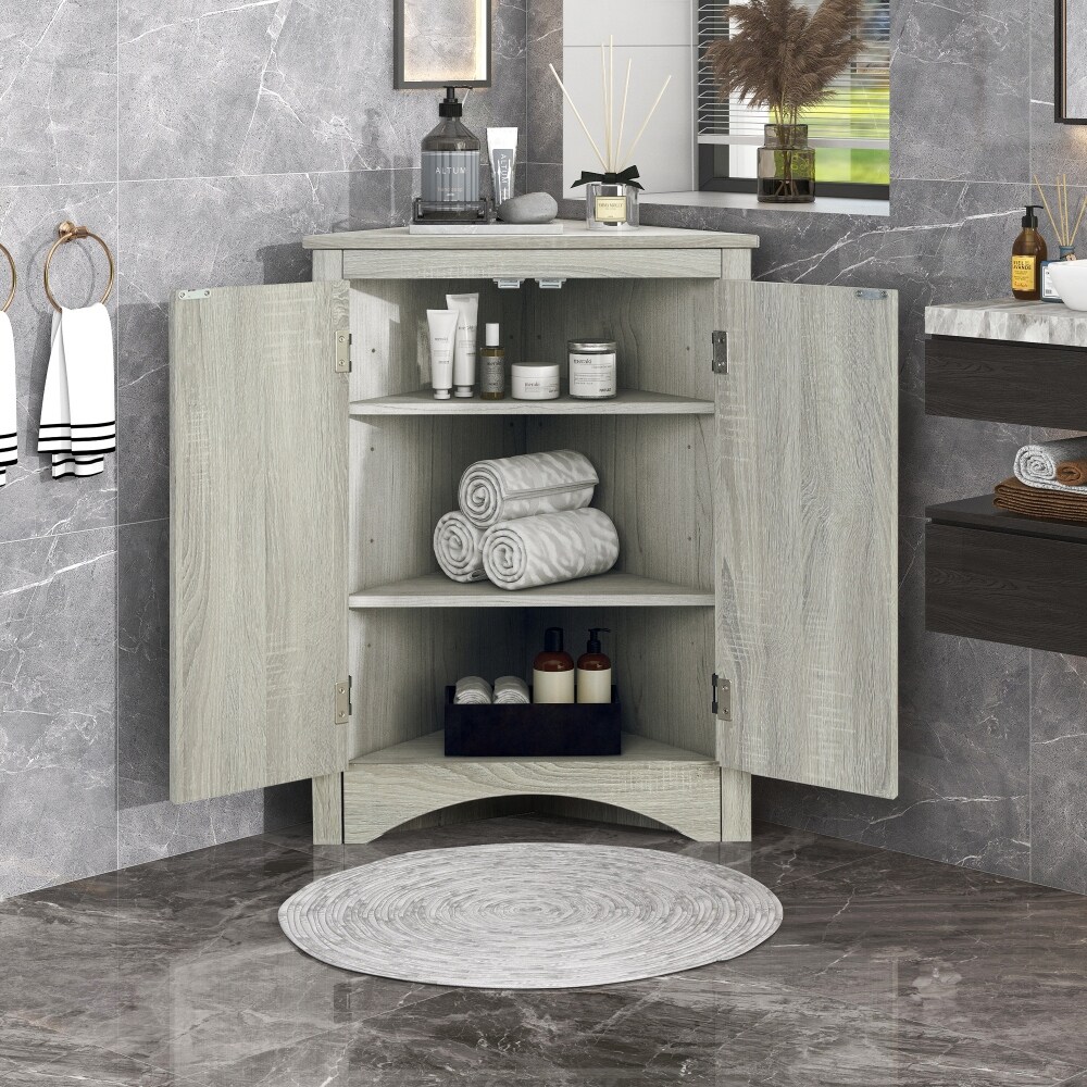 Oak Triangle Bathroom Storage Cabinet with Adjustable Shelves   17.2'' L 17.2'' W 31.5'' H