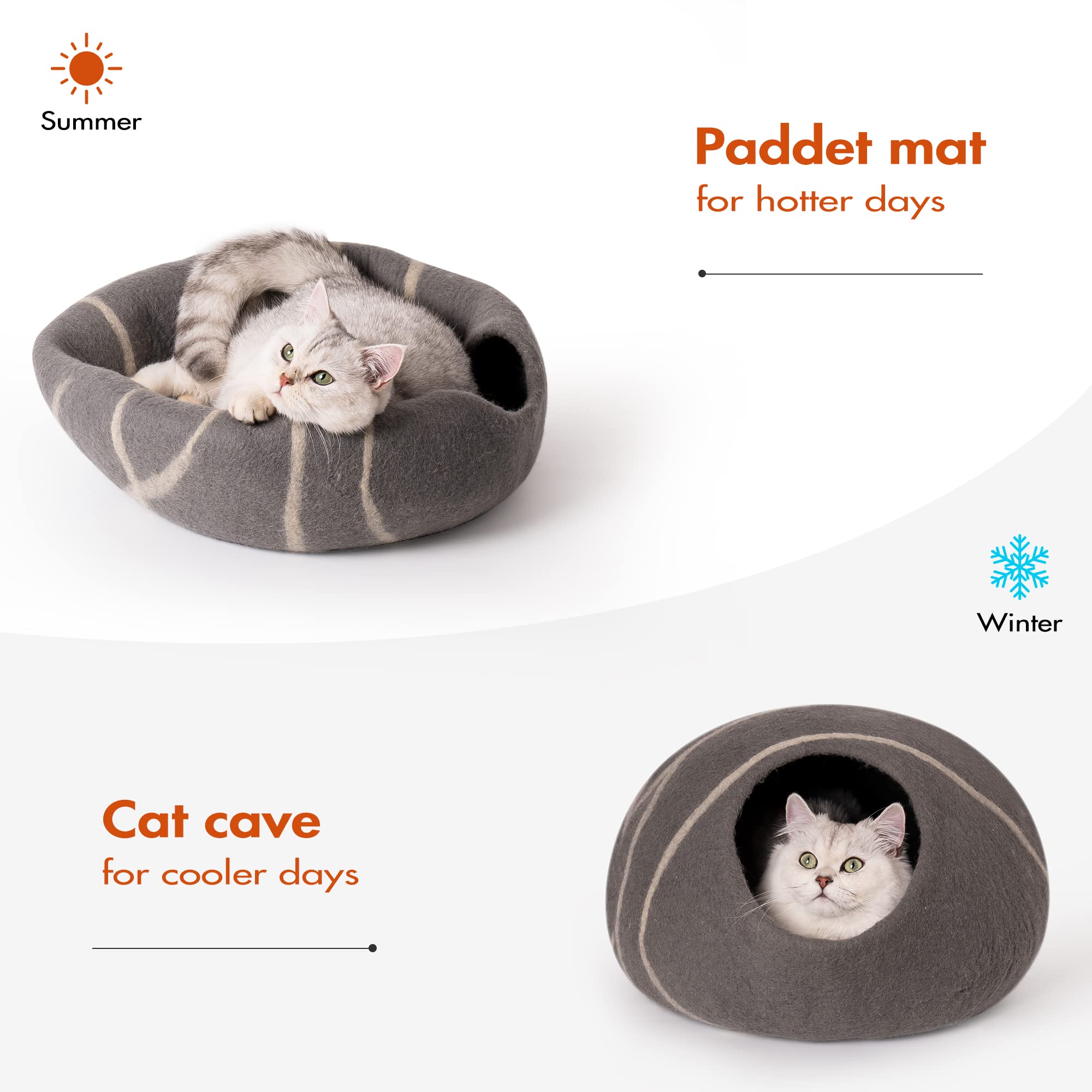 MEWOOFUN Cat Cave Bed -Handmade Wool Cat Bed Cave，Eco-Friendly Cat Bed Cat House，Felt Cat Caves for Indoor Cats and Kittens (Grey)