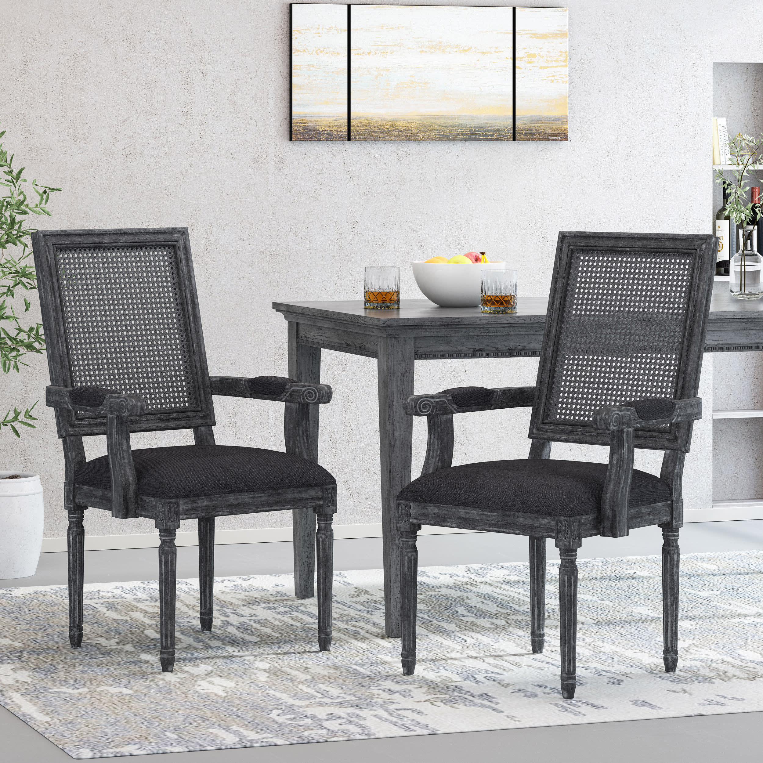 Zentner French Country Upholstered Wood and Cane Upholstered Dining Chairs, Set of 2