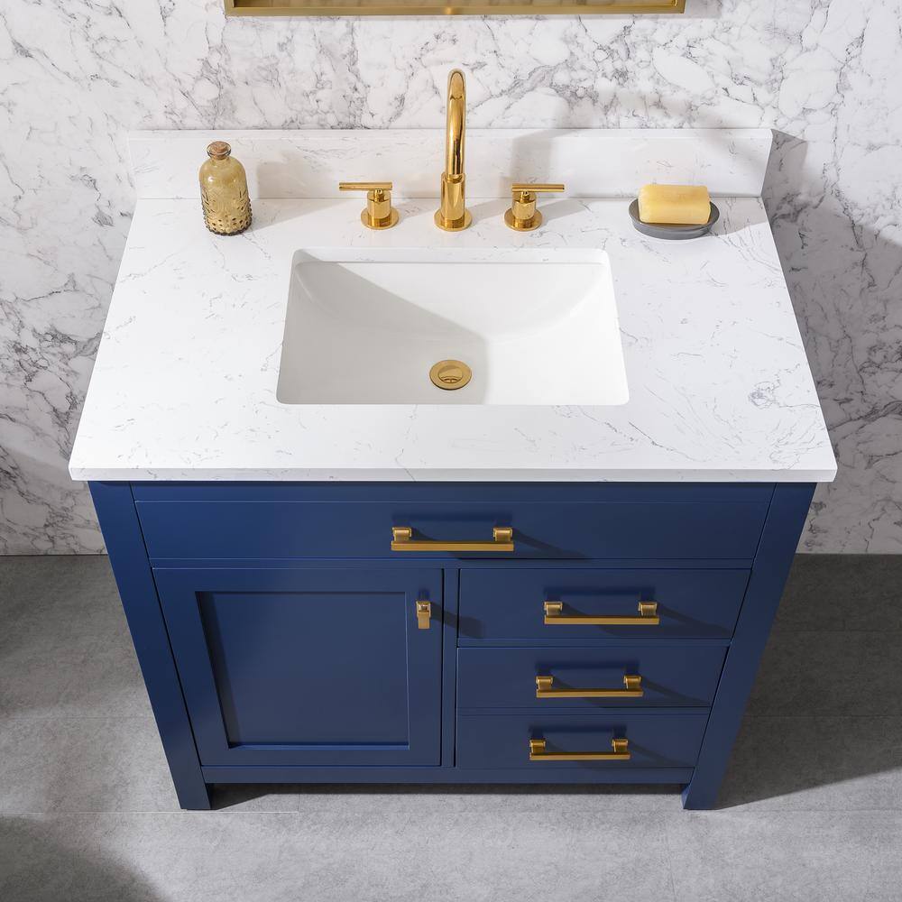 SUDIO Jasper 36 in. W x 22 in. D Bath Vanity in Navy Blue with Engineered Stone Vanity in Carrara White with White Basin Jasper-36NB