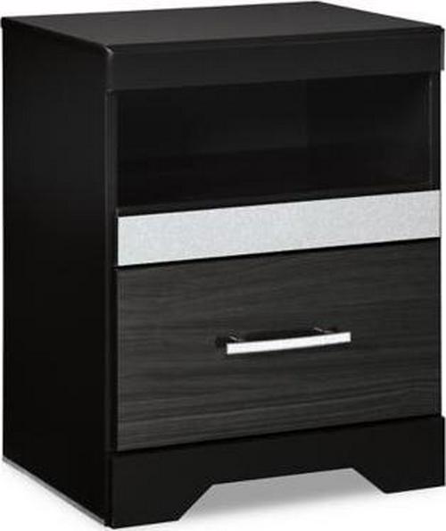 Signature Design by Ashley Starberry Glam 1 Drawer Nightstand with 2 Slim-Profile USB Charging Stations and Silvertone Glitter Accents， Black