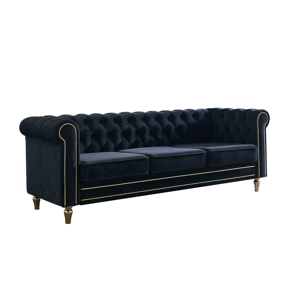 84.65 inch Chesterfield Velvet Sofa for Living Room  Office Etc  Tufted 3 Seater Sofa Couch with Remoable Seat Cushions