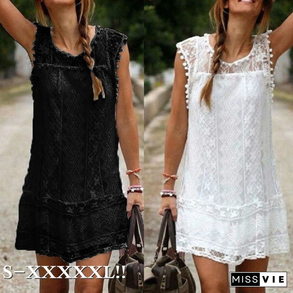 Fashion Summer Elegant Dress Women Casual Solid Sleeveless Slim Beach Short Dress Lace Tassel Mini Dress