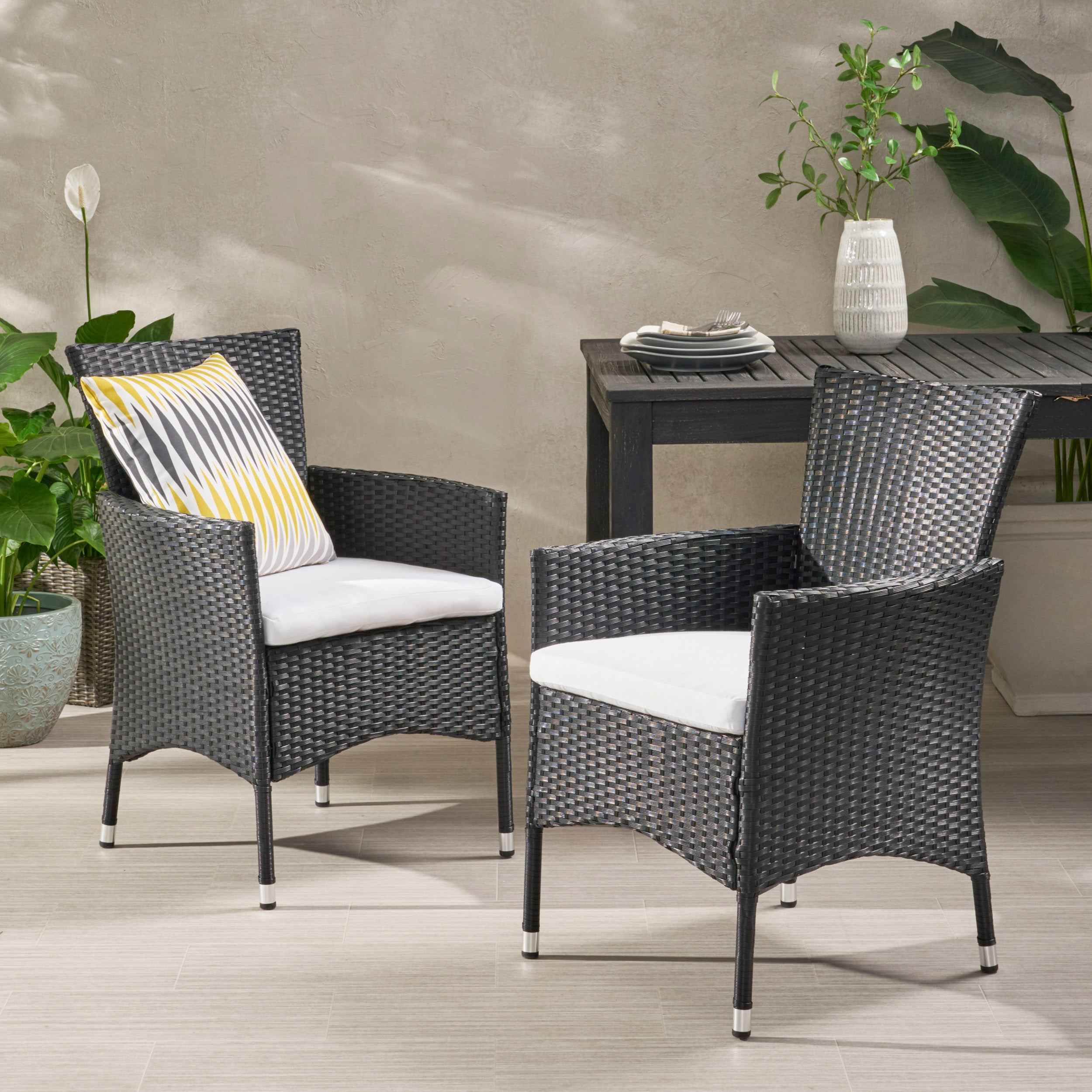 Clementine Outdoor Wicker Dining Chairs with Water Resistant Cushions - Set of 2