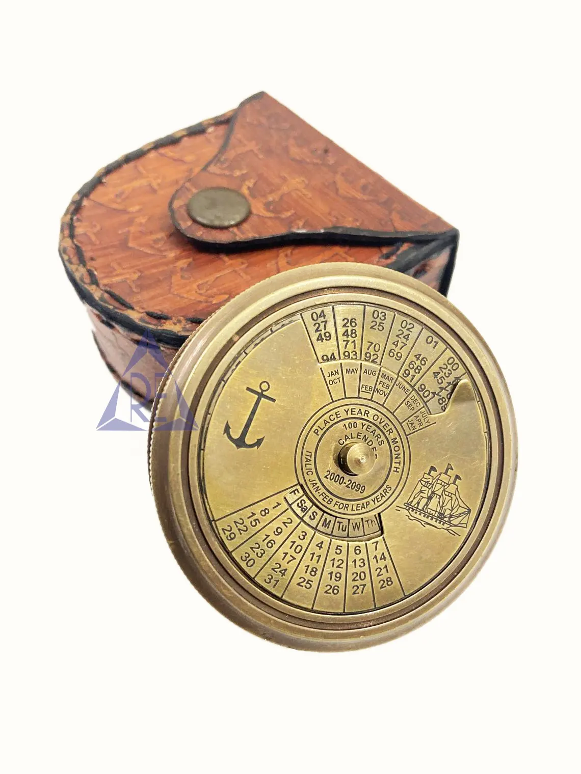 Brass Unique Calendar Sundial Compass with Leather Case  Handmade Gift Functional Compass Gift birthday gift