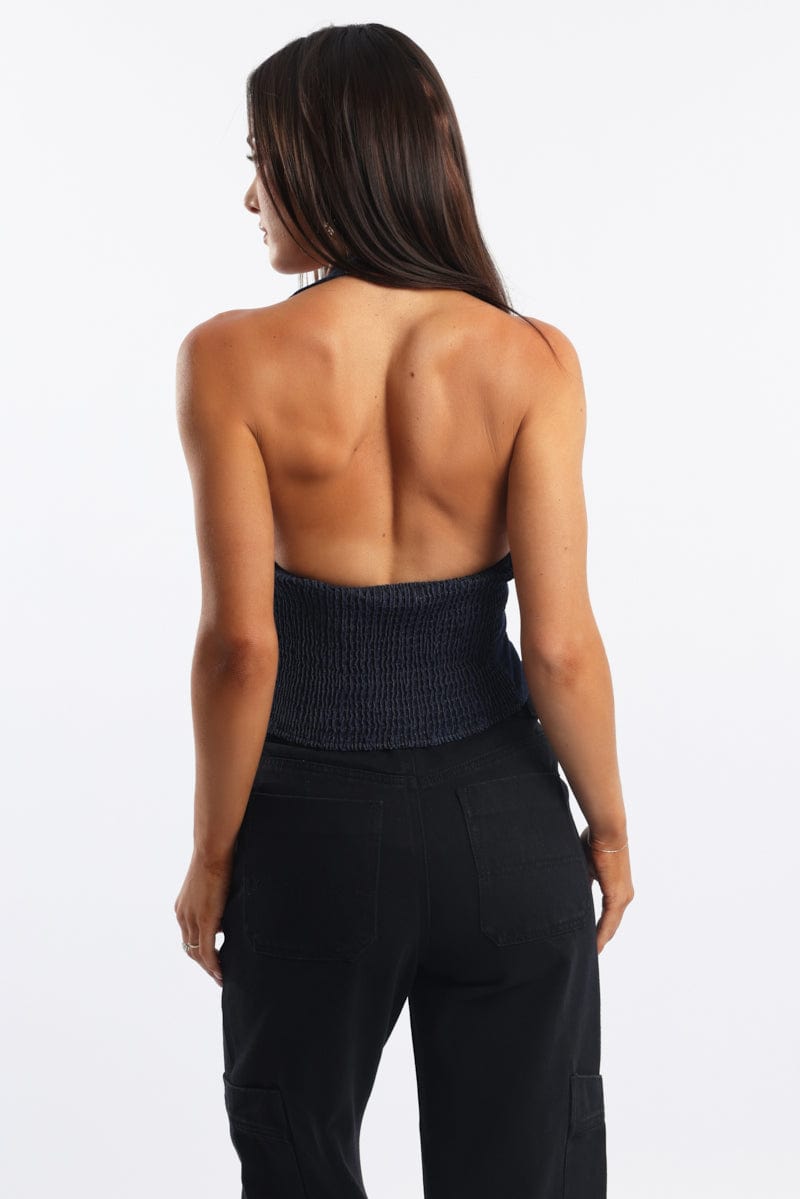 Denim Denim Halter Top Sleeveless Scoop Neck Shirred