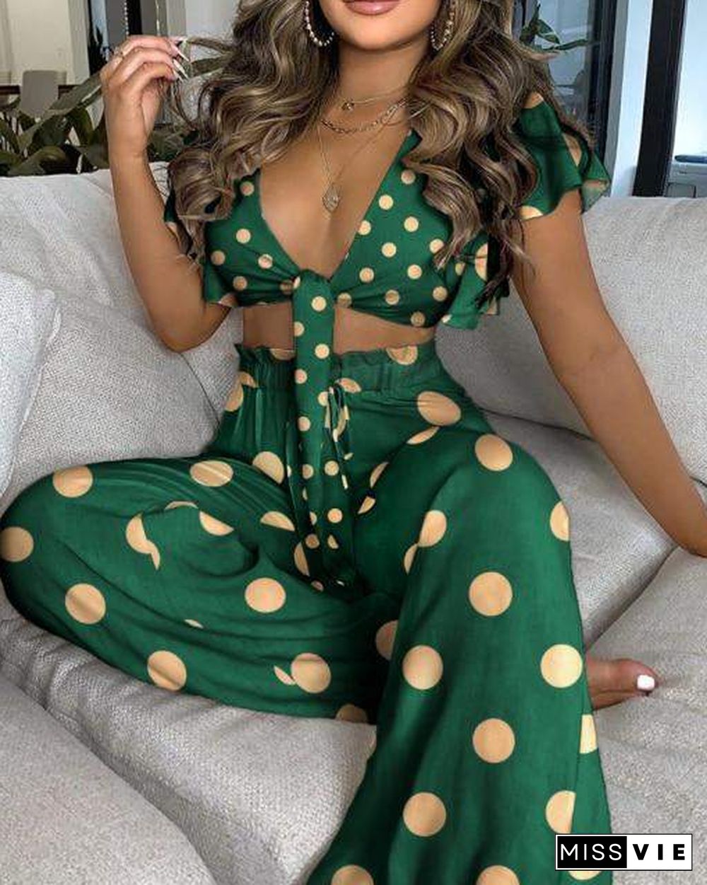 Two Piece Set Women Clothes For Ladies Outfits Ruffle Trim Knotted Crop Top & High Waist Wide Leg Pants Set Colorblock Ruffles