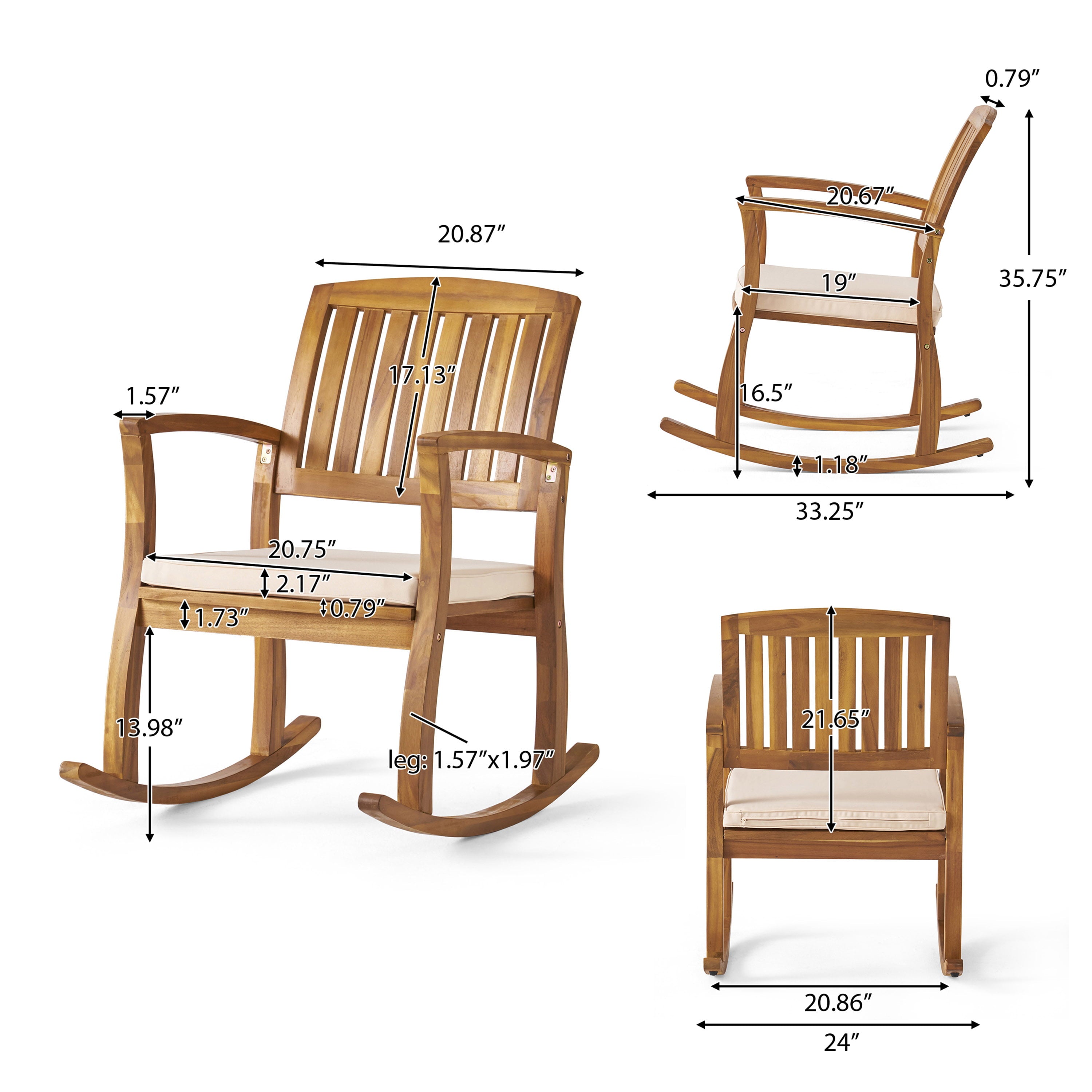 GDF Studio Amber Outdoor Acacia Wood Rocking Chair with Cushion, Teak and Cream Off-White