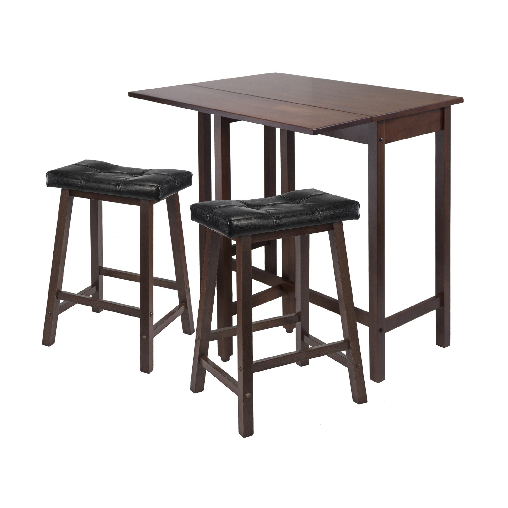 3 Brown Wood Drop Leaf Kitchen Table Leather Saddle Stools 39.25