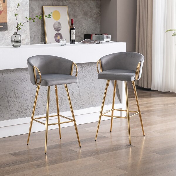 30 Inch Set of 2 Bar Stools with Chrome Footrest and Base Velvet and Golden Leg Simple Bar Stool for Kitchen