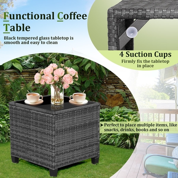 3Piece Outdoor Wicker Patio Furniture Set with Tempered Glass Coffee Table