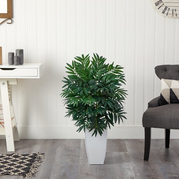 Nearly Natural 3-ft Bamboo Palm Artificial Plant In White Metal Planter