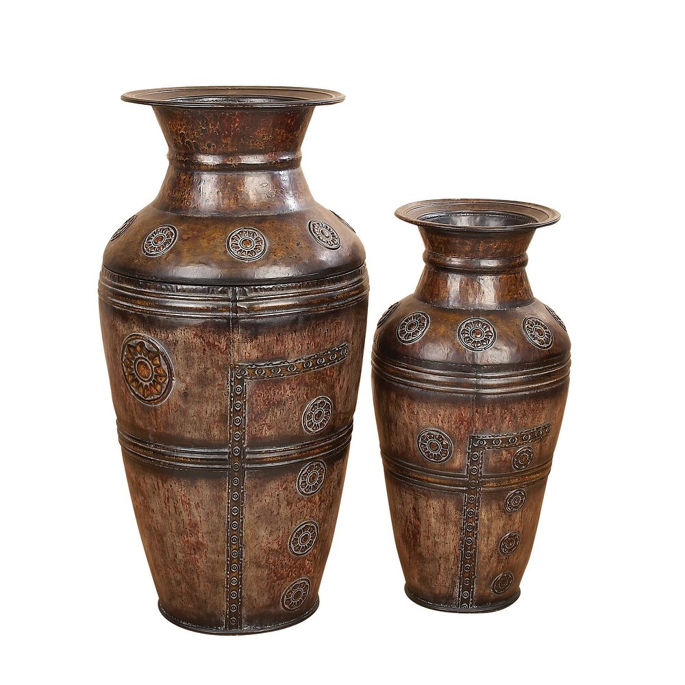 Brown Metal Indoor Outdoor Large Vase with Floral Relief (Set of 2)