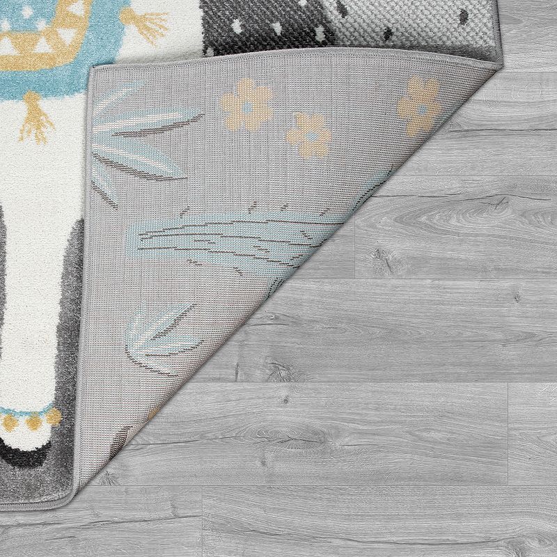 Kids Rug for Nursery Mountains and Llama Motif in Grey Blue Cream