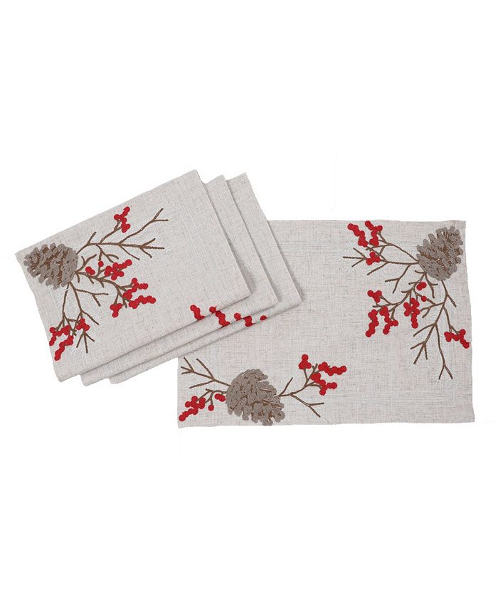 Manor Luxe Christmas Pine Cone Crewel Embroidered Placemats Set of 4