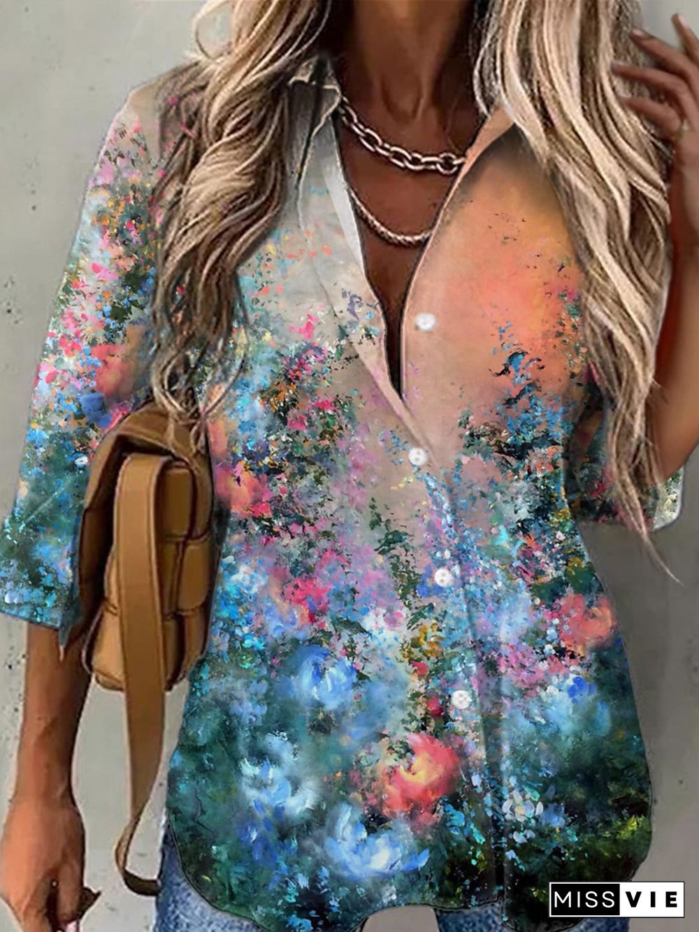 Casual Floral Long Sleeve Shirt Collar Plus Size Printed Blouses