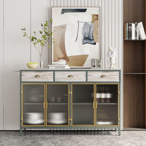 4 Glass Doors Modern Sideboard with 3 Top Drawers