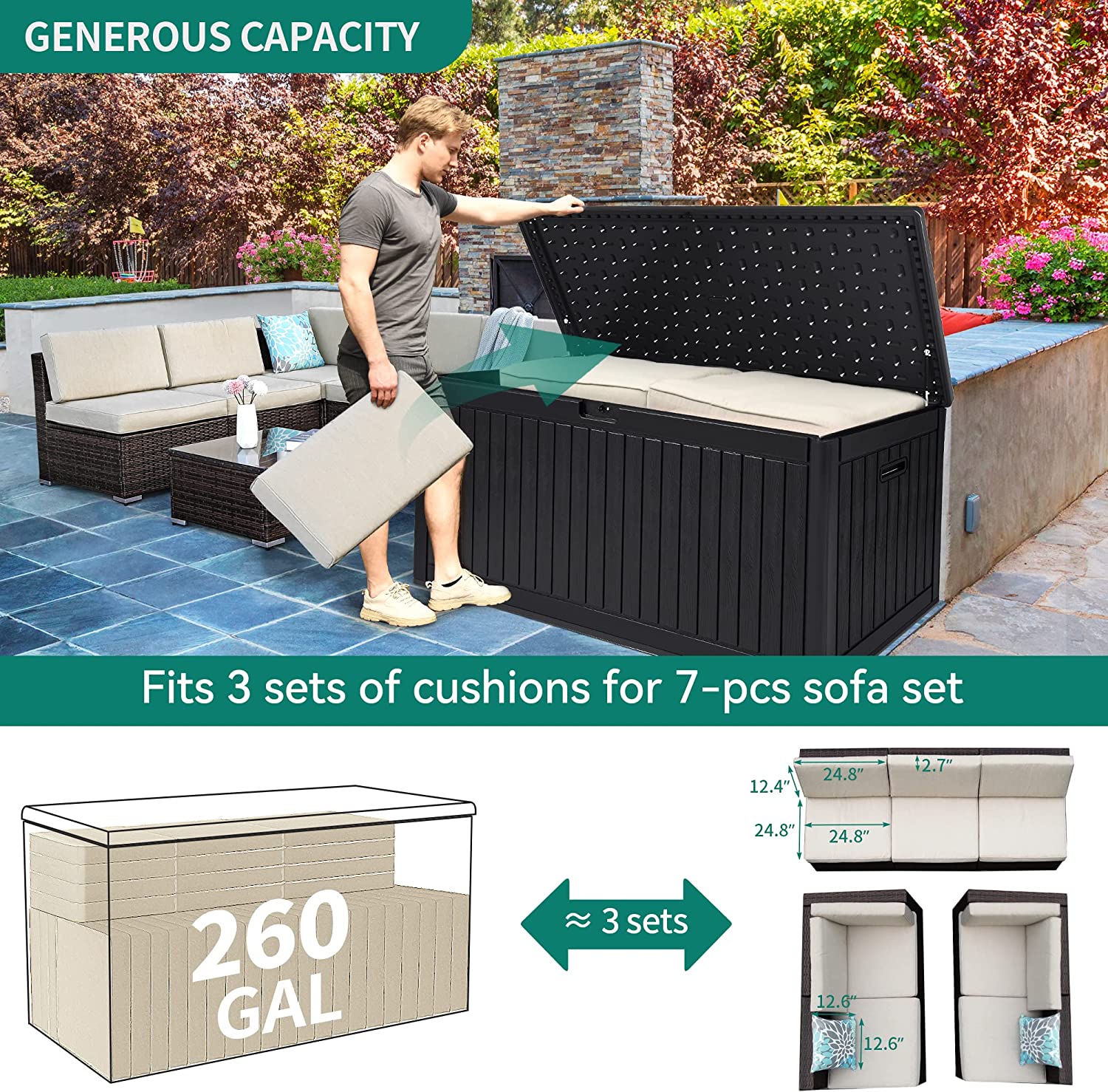 YITAHOME 260 Gallon Extra Large Deck Box, Double-Wall Resin Outdoor Storage Box with Flexible Divider for Patio Cushions Pool Supplies Garden Tools, 1000lbs Load Capacity, Lockable & Waterproof