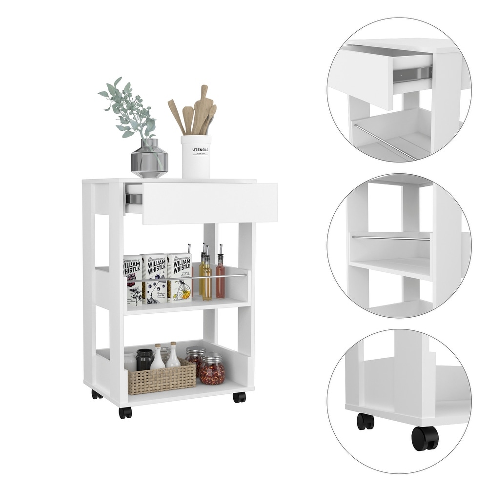 White Kitchen Cart w/ Drawe Portable Bathroom Standing Rack Shelving