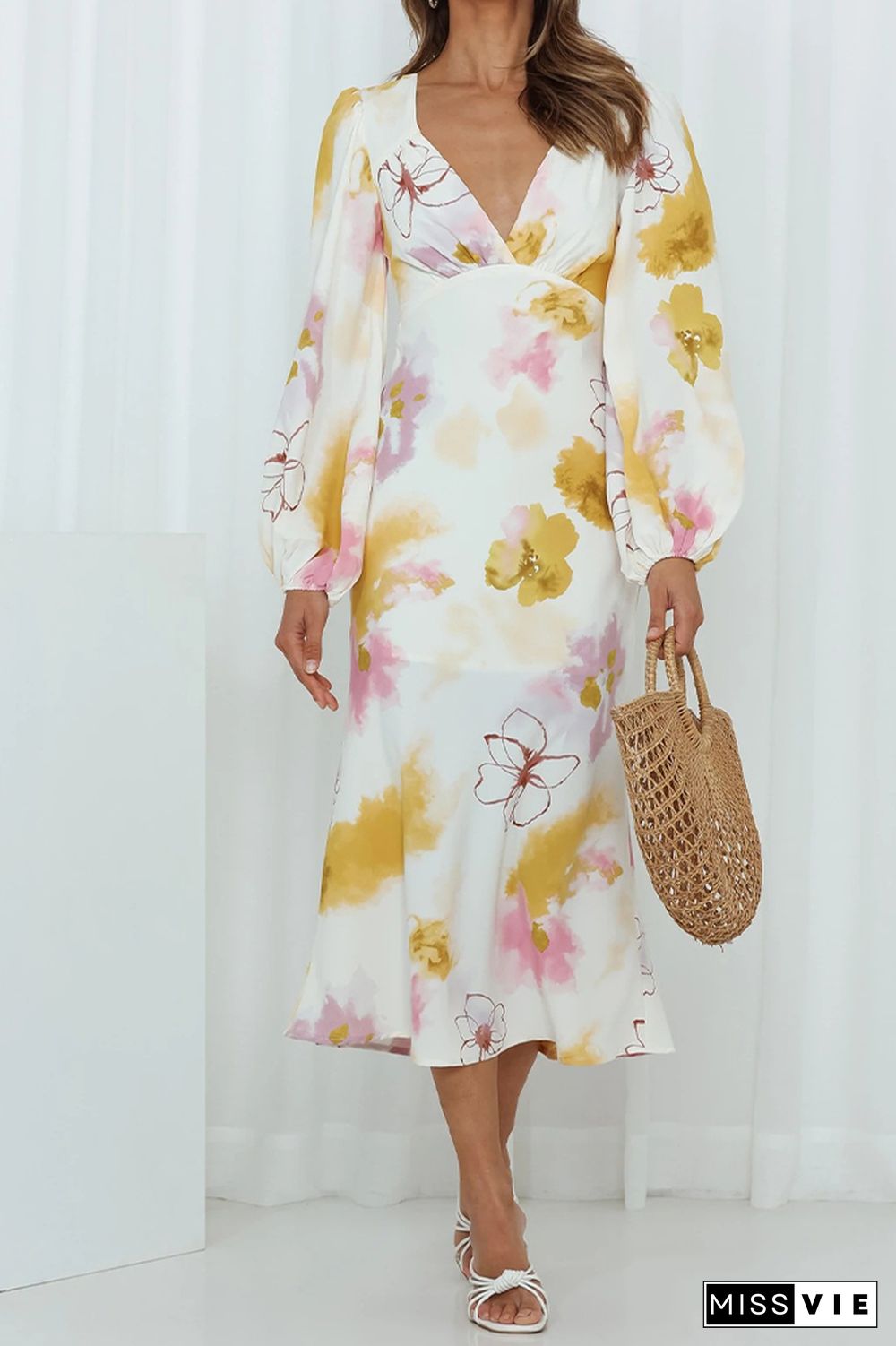 V Neck Lantern Sleeves High Waist Floral Dress