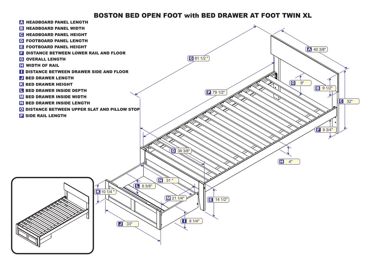 Boston Twin Extra Long Bed with Foot Drawer in White