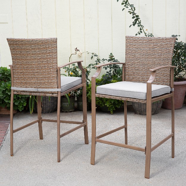 Barton 3 piece Oakview Terrace Wood Grain Steel Frame Bar Height Patio Set With Cushions Set