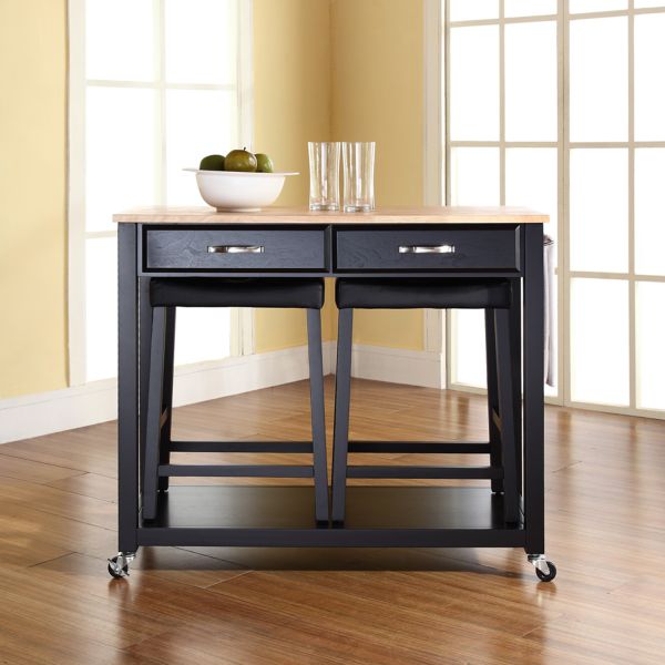 Wood Top Kitchen Prep Cart W/Uph Saddle Stools