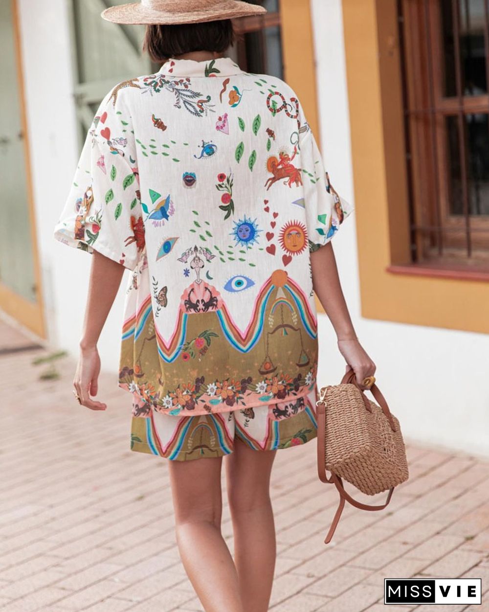 Stylish Printed Lapel Shirt & Shorts Two-Piece Set