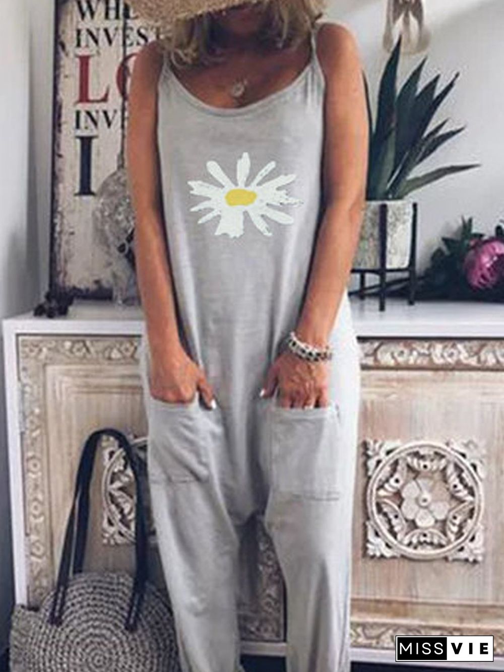 Gray Floral Cotton-Blend Shift Casual Jumpsuit & Romper