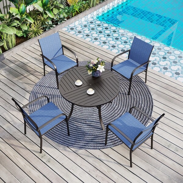 MAISON ARTS 5Piece Patio Dining Set，Geometrically Stamped Round Table and 4 Textilene Dining Chairs