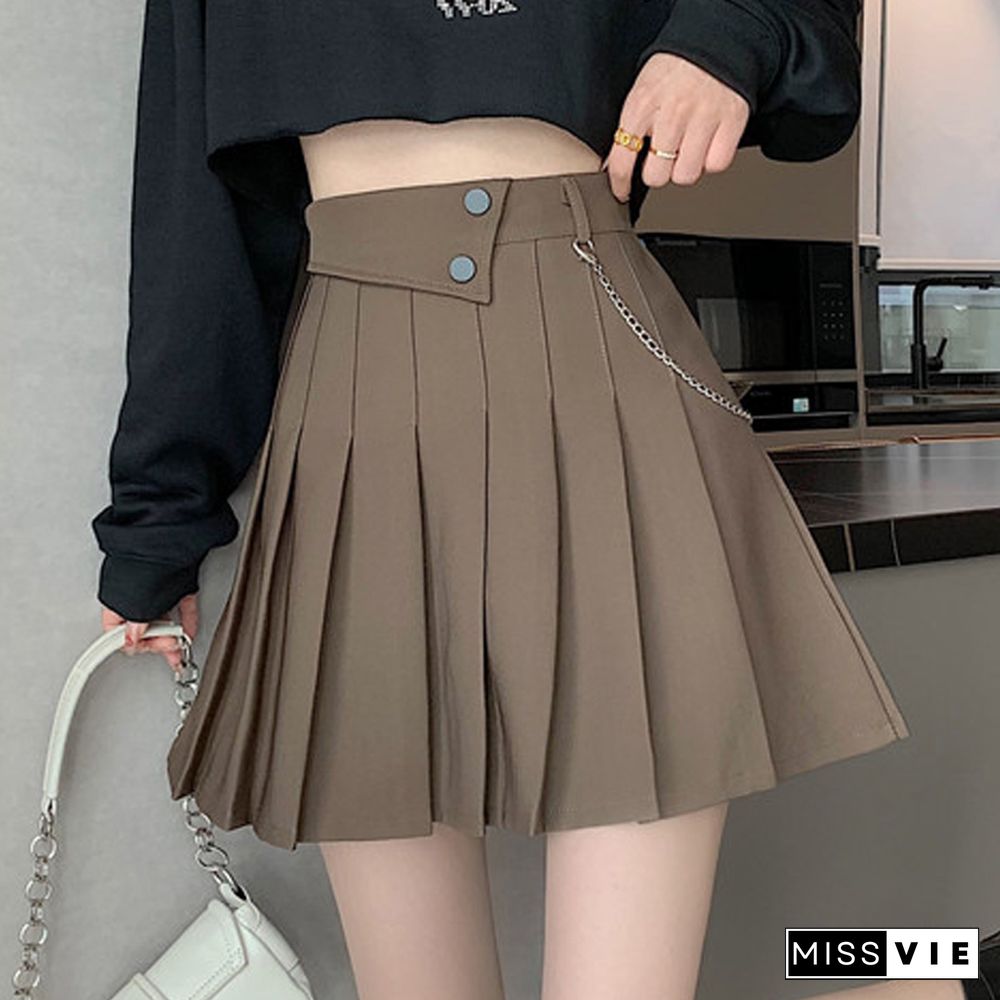 Spring Summer Design Chain Pleated Skirt Women High Waist College Student Mini Skirt Loose Casual Skirts Korean Fashion New