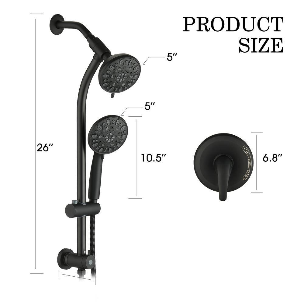 YASINU 7-Spray Patterns with 1.8 GPM 5 in. Wall Mount Round Rain Dual Shower Heads in Matte Black YNAE428MB